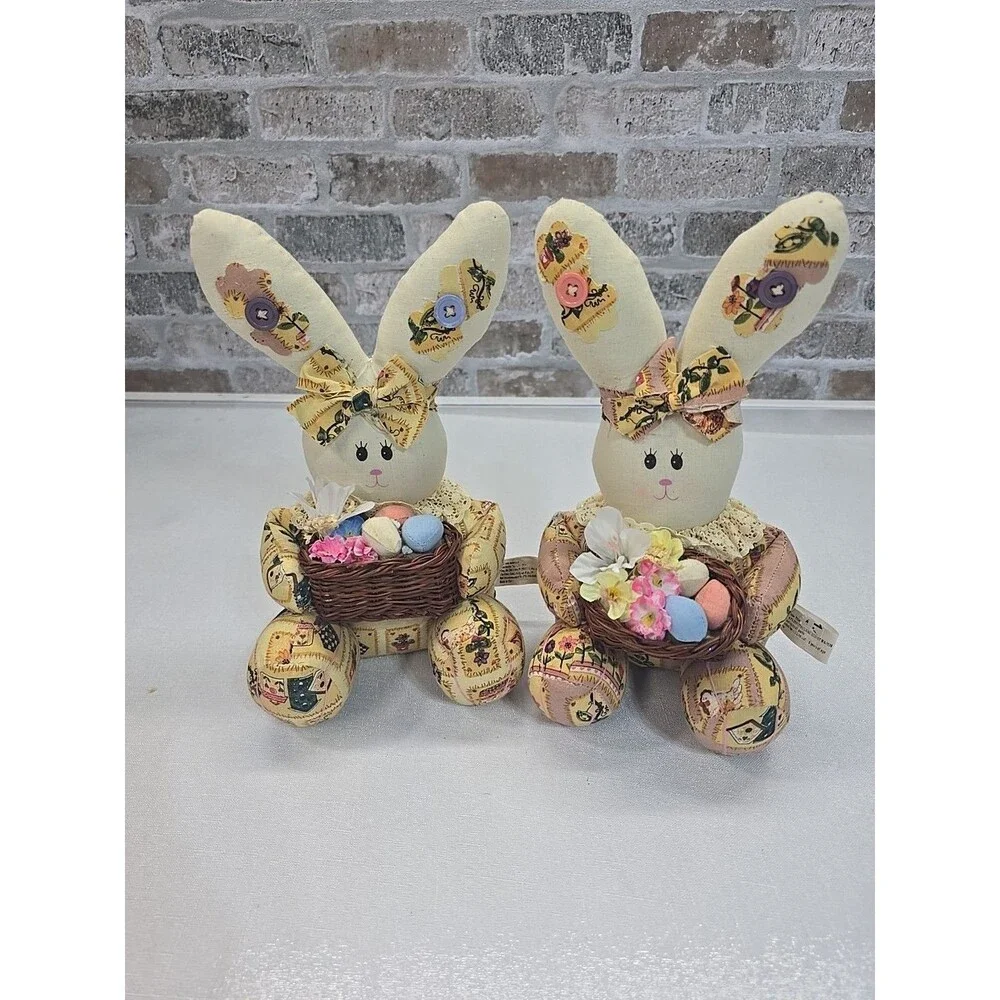 2-VTG 1999 Anco Cloth Bunny Rabbit Plush Basket W/ Easter Eggs Granny Core